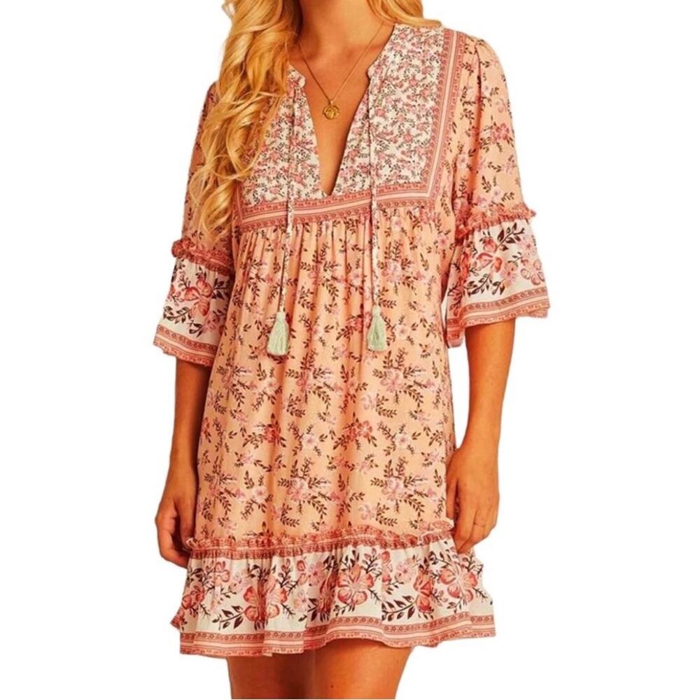 R. Vivimos Multicolor Floral Boho Mini Dress, Size Small